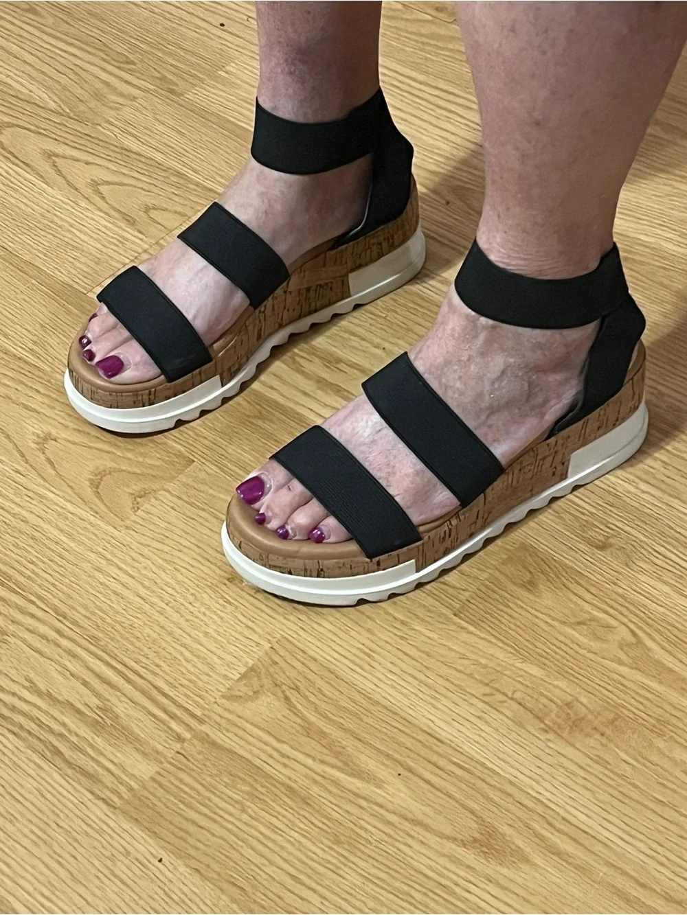 Black Elastic Strap Cork Platform Sandals - Women. Steve Madden.8